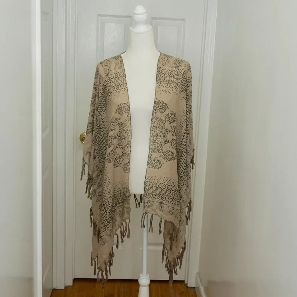 💜 JANICE Tan/Black Pattern Scarf Coat Poncho Kimono (OS)